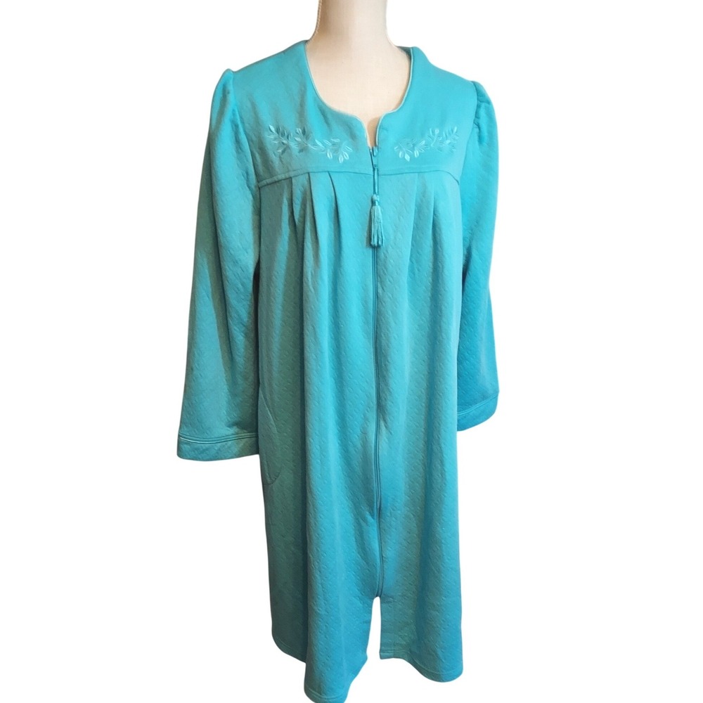 Noire Jasmine Rose Robe Womens XL Teal Blue Zip Front Quilted Embroidered Floral